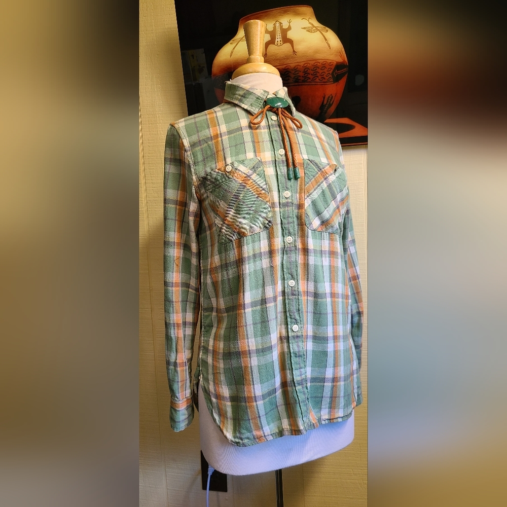 RALPH lauren Denim & Supply LS green/rust plaid cotton flanel Medium